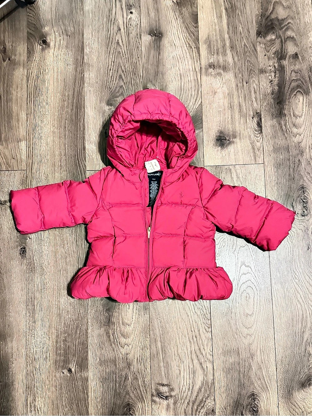 NWT Ralph Lauren Girls Pink Down Puffer Jacket with Peplum Hem Baby 18M